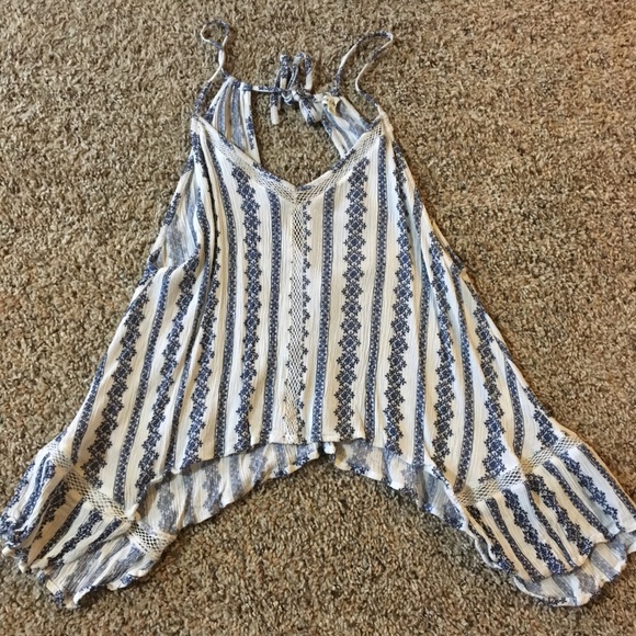Tops - Blue and White Tank Top with Lace Detailing